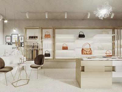 Elegant Handbag Boutique Interior With Display Shelves Leather Bags White Counter And Chandelier 3d model
