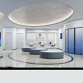 Modern Bank Lobby Interior With Round Blue Sofas Digital Screens And Marble Flooring