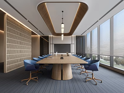 Modern Conference Room Interior With Long Wooden Table Blue Chairs And Large Windows 3d model