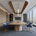 Modern Conference Room Interior With Long Wooden Table Blue Chairs And Large Windows