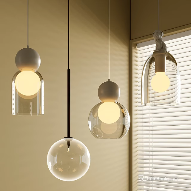 Three Modern Glass Pendant Lights Illuminated in Interior with Window Background 3d model