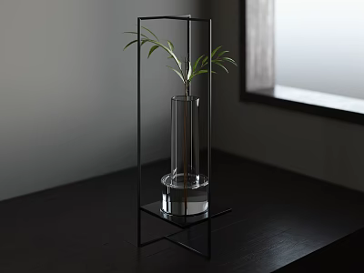 Modern Black Metal Frame Side Table with Clear Glass Vase and Green Plant 3d model