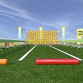 Outdoor Sports Field With Green Lawn Colorful Track Obstacles Blue Canopies And Decorative Arch