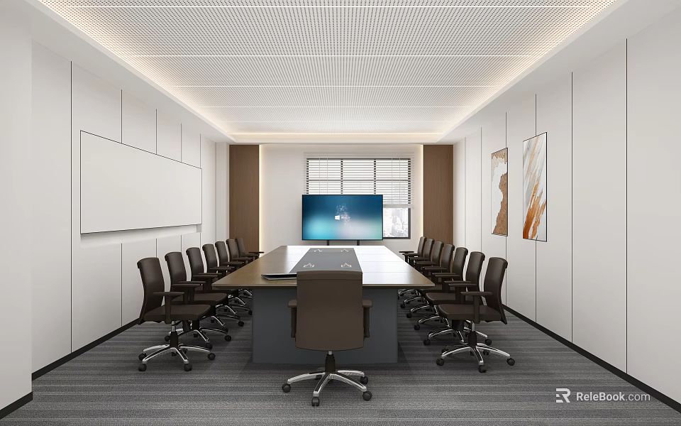 Modern Conference Room Interior With Long Table Black Office Chairs Large Screen Whiteboard And Windows 3d model 