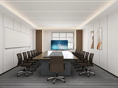 Modern Conference Room Interior With Long Table Black Office Chairs Large Screen Whiteboard And Windows 3d model