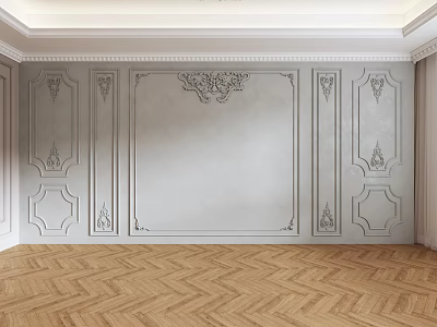 Ornate Paneled Background Wall With Decorative Carvings And Herringbone Wooden Floor 3d model