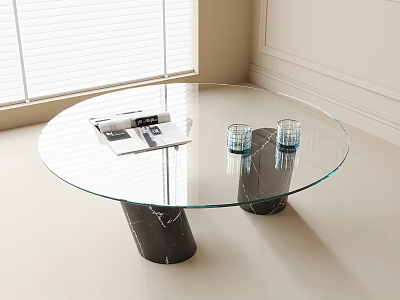 Round Glass Coffee Table With Black Marble Bases And Magazine Glass Cups In Modern Interior 3d model
