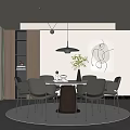 Modern Restaurant Interior With Round Dining Table Gray Brown Chairs Pendant Light And Abstract Painting