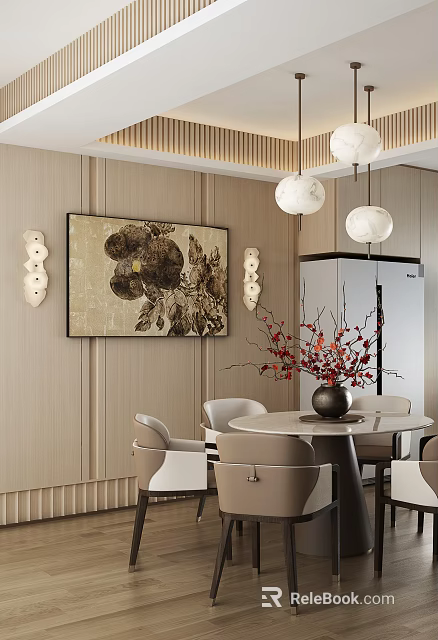 Elegant Modern Restaurant Interior With Round Dining Table Pendant Lights And Decorative Art 3d model 