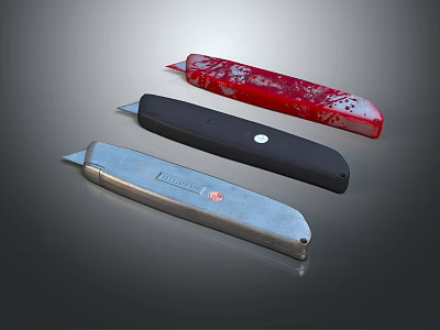 Three Utility Knives with Red Black Silver Designs and Metallic Handles 3d model