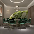Private Box Interior Design With Green Plant Wall Circular Chandeliers And Green Chairs