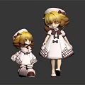 Two Big and Small Anime Characters Wearing Nurse Uniforms with Yellow Hair and Checkered Dresses