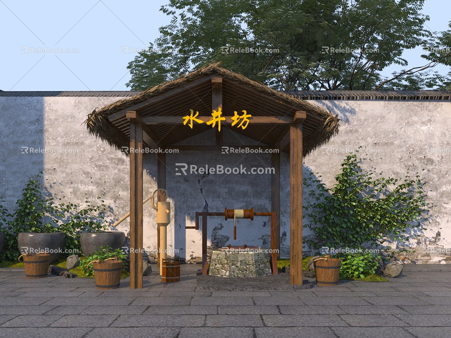 New Chinese Style Rural Courtyard Landscape Sketch Rural Courtyard Water Well Courtyard Ancient Well Drafting Thatch Pavilion Thatch Corridor 3d model