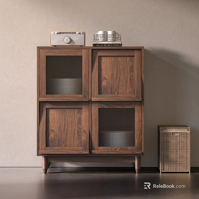 Wooden Entryway Console Cabinet With Mesh Doors Decorative Items On Top And Rattan Basket Beside 3d model 