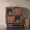 Wooden Entryway Console Cabinet With Mesh Doors Decorative Items On Top And Rattan Basket Beside