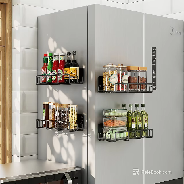 Wall Mounted Kitchen Storage Shelves With Spices Jars Grains And Condiments 3d model