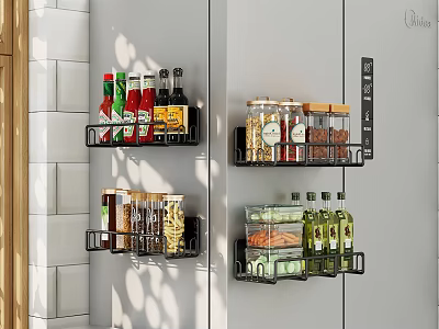 Wall Mounted Kitchen Storage Shelves With Spices Jars Grains And Condiments 3d model
