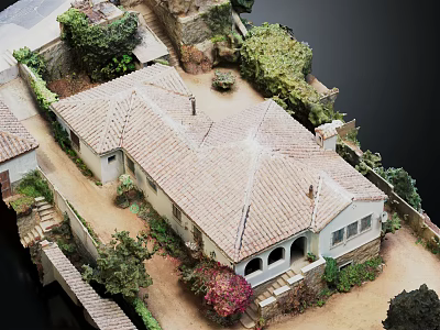 Scenic Garden Landscape With Tiled Roof House Courtyard Greenery Steps And Pathways 3d model