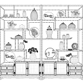 Traditional Chinese Wooden Antique Display Cabinet with Multiple Compartments and Blue White Porcelain Vases Plates