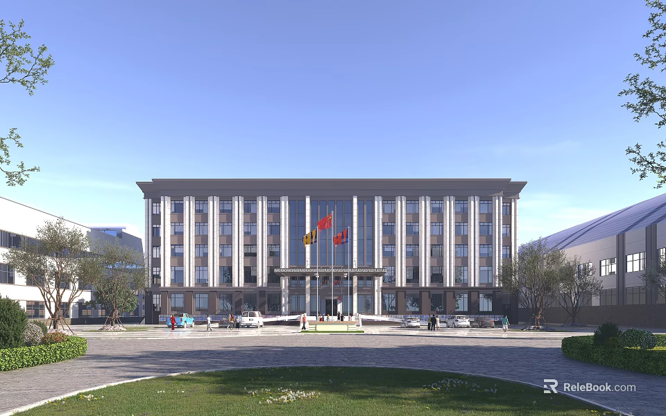 Modern Office Building With Gray Exterior Multiple Windows Front Plaza Red Flags And Surrounding Trees 3d model 