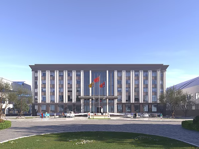 Modern Office Building With Gray Exterior Multiple Windows Front Plaza Red Flags And Surrounding Trees 3d model
