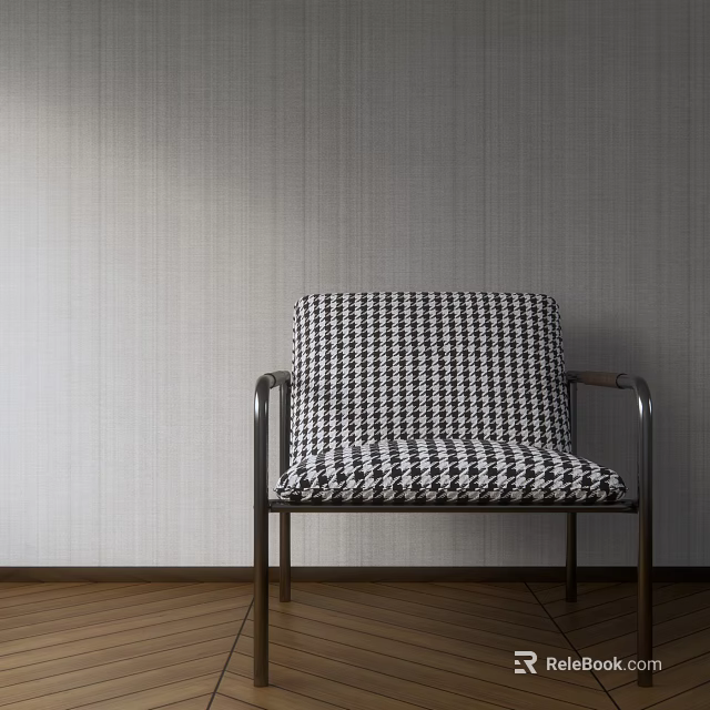 Accent Chair with Houndstooth Pattern and Metal Armrests in Light Gray Wall Wooden Floor Setting 3d model 