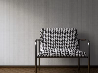 Accent Chair with Houndstooth Pattern and Metal Armrests in Light Gray Wall Wooden Floor Setting 3d model
