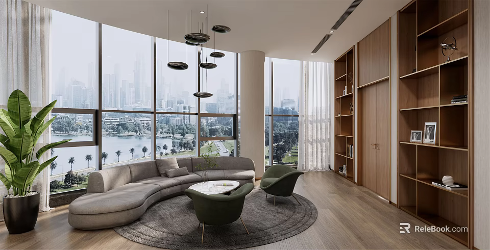 Modern Conference Room With Large Windows City View Curved Sofa Green Chairs And Wooden Bookshelves 3d model 