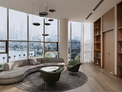 Modern Conference Room With Large Windows City View Curved Sofa Green Chairs And Wooden Bookshelves 3d model