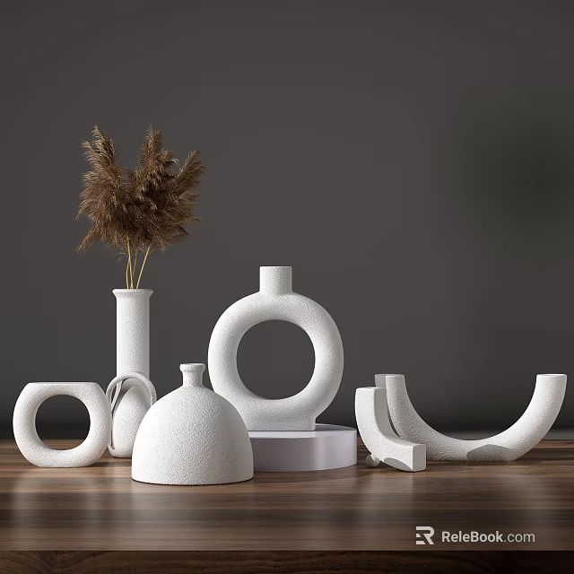 White Decorative Vases In Various Shapes With Brown Pampas Grass On Wooden Table 3d model 