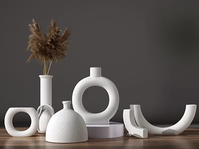 White Decorative Vases In Various Shapes With Brown Pampas Grass On Wooden Table 3d model