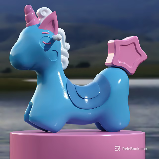 Blue Unicorn Rocking Horse Toy With Pink Star Tail And White Mane On Pink Base 3d model 