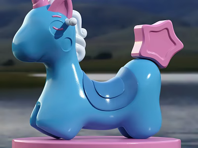 Blue Unicorn Rocking Horse Toy With Pink Star Tail And White Mane On Pink Base 3d model