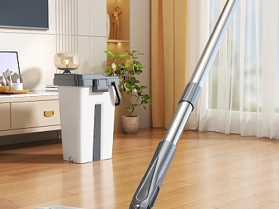 Efficient Home Cleaning Mop For Wooden Floor With Indoor Room Setup And Trash Bin 3d model