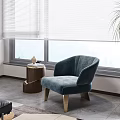 Blue Velvet Single Sofa With Gold Thin Legs By Window Small Round Table Blinds 3d model