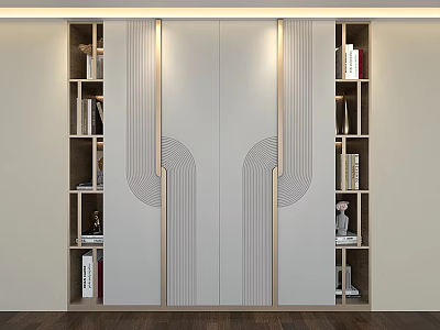 Modern Wardrobe Design With Sliding Doors Decorative Lines And Patterns Open Side Shelves Books Decor 3d model