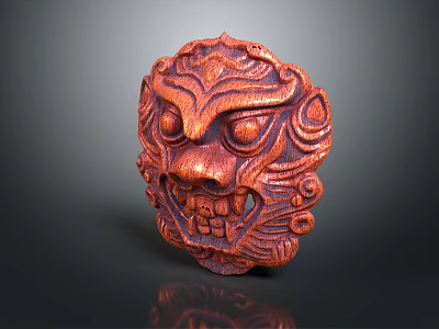 Traditional Red Carved Mask With Intricate Facial Patterns And Textured Details 3d model