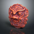 Traditional Red Carved Mask With Intricate Facial Patterns And Textured Details