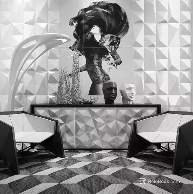 Black and White Single Chairs with Geometric Pattern Wall Artwork Cabinet and Rug Interior 3d model 