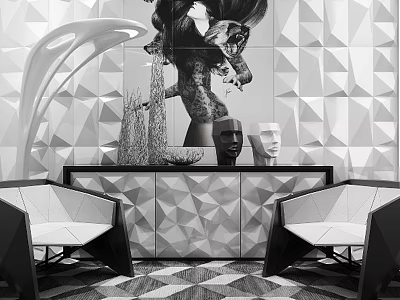 Black and White Single Chairs with Geometric Pattern Wall Artwork Cabinet and Rug Interior 3d model