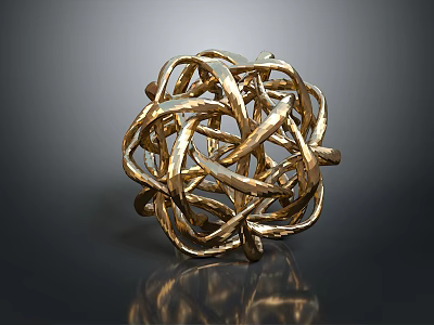 Shiny Golden Spherical Sculpture With Intertwined Metal Strips On Dark Background 3d model