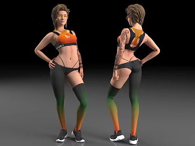 Fitness Woman in Orange Green Gradient Bra Leggings with Arm Tattoo Front Back View 3d model