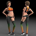 Fitness Woman in Orange Green Gradient Bra Leggings with Arm Tattoo Front Back View