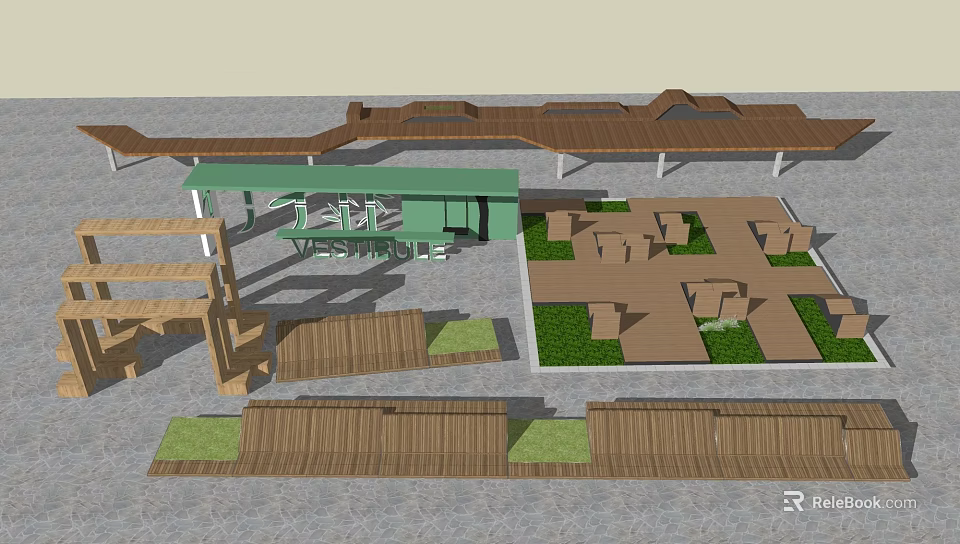 Modern Wooden Landscape Seats Outdoor Design With Green Plants And Decking Areas 3d model 