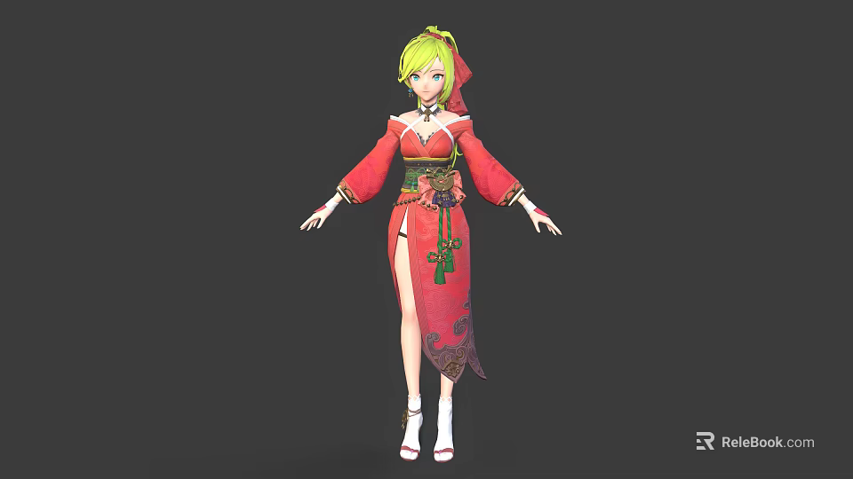 3D Anime Character With Blonde Hair In Red Traditional Costume Green Belt And Phoenix Pattern 3d model 