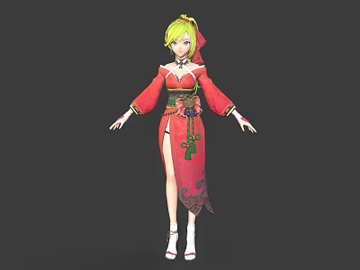 3D Anime Character With Blonde Hair In Red Traditional Costume Green Belt And Phoenix Pattern 3d model