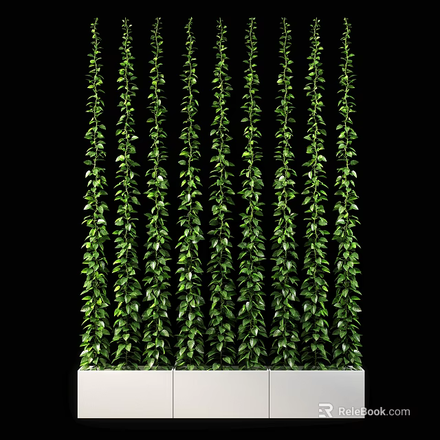 Lush Green Plant Wall With Hanging Vines And White Planter Containers 3d model 