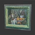 Classic Wooden Table in Gold Framed Still Life Painting with Fruits Vase and Cloth