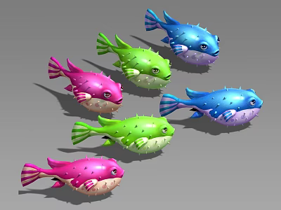 Six Cute Spiky Pufferfish in Pink Green Blue Colors on Gray Background 3d model