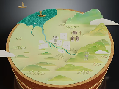 3D Terrain Model Featuring Green Mountains River Houses Trees Clouds And Birds 3d model